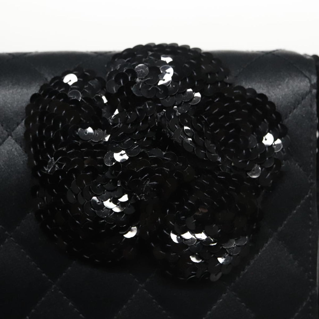 CHANEL Matelasse Sequin Flower Shoulder Bag Satin Black CC 99855