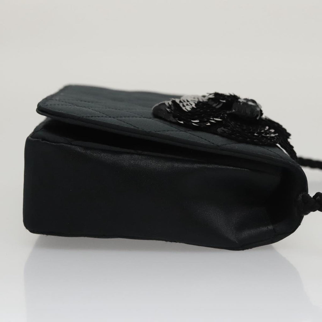 CHANEL Matelasse Sequin Flower Shoulder Bag Satin Black CC 99855