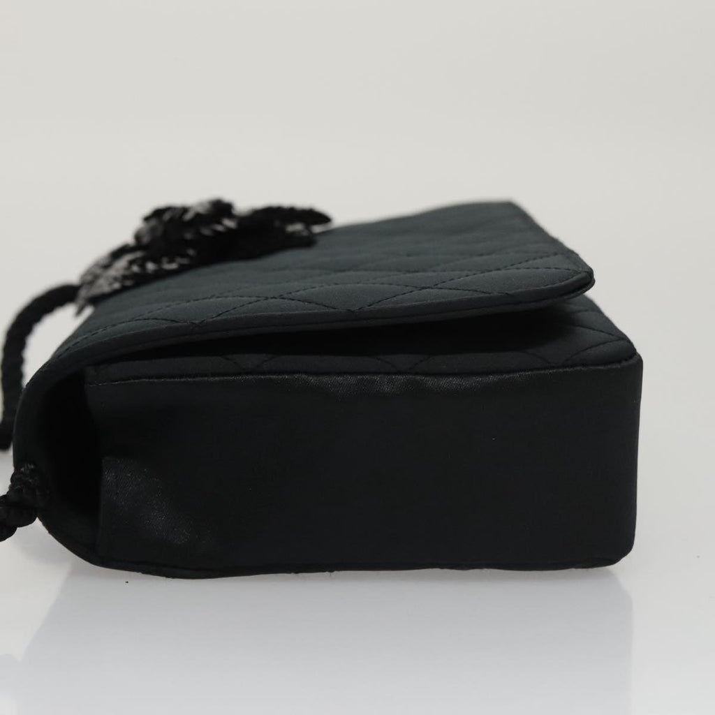 CHANEL Matelasse Sequin Flower Shoulder Bag Satin Black CC 99855
