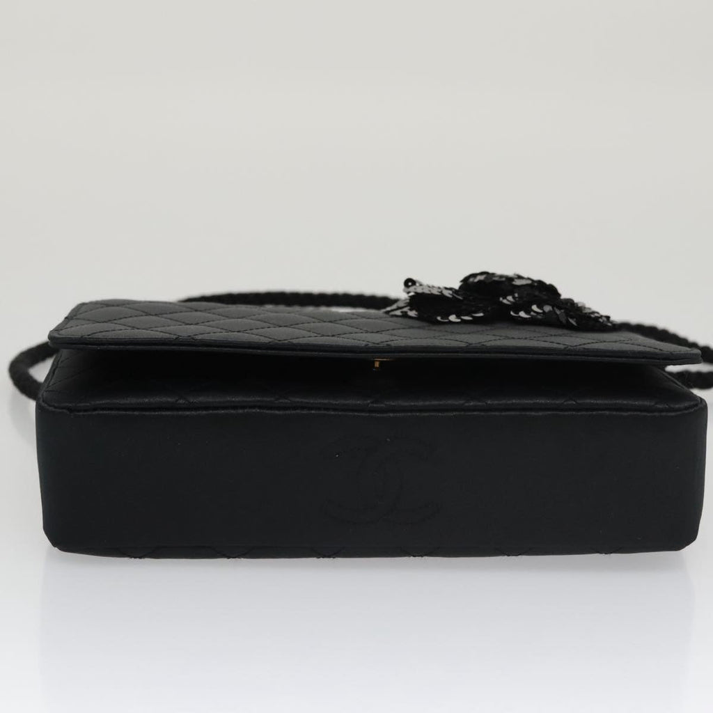 CHANEL Matelasse Sequin Flower Shoulder Bag Satin Black CC 99855