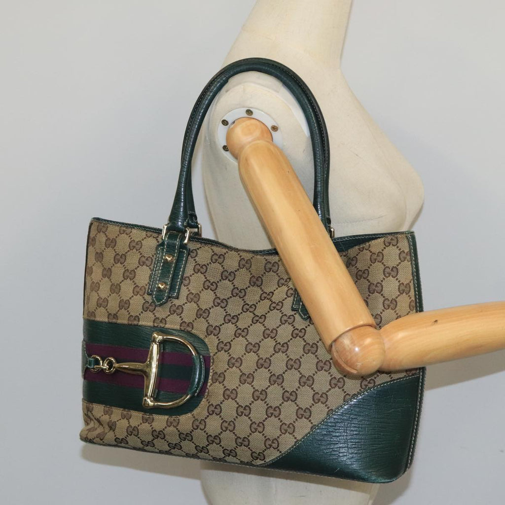 GUCCI GG Canvas Sherry Line Hand Bag Beige Green 99917