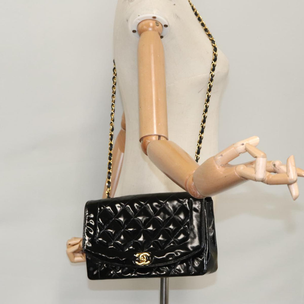 CHANEL Matelasse 25 Chain Diana Shoulder Bag Patent Black Gold CC 99928