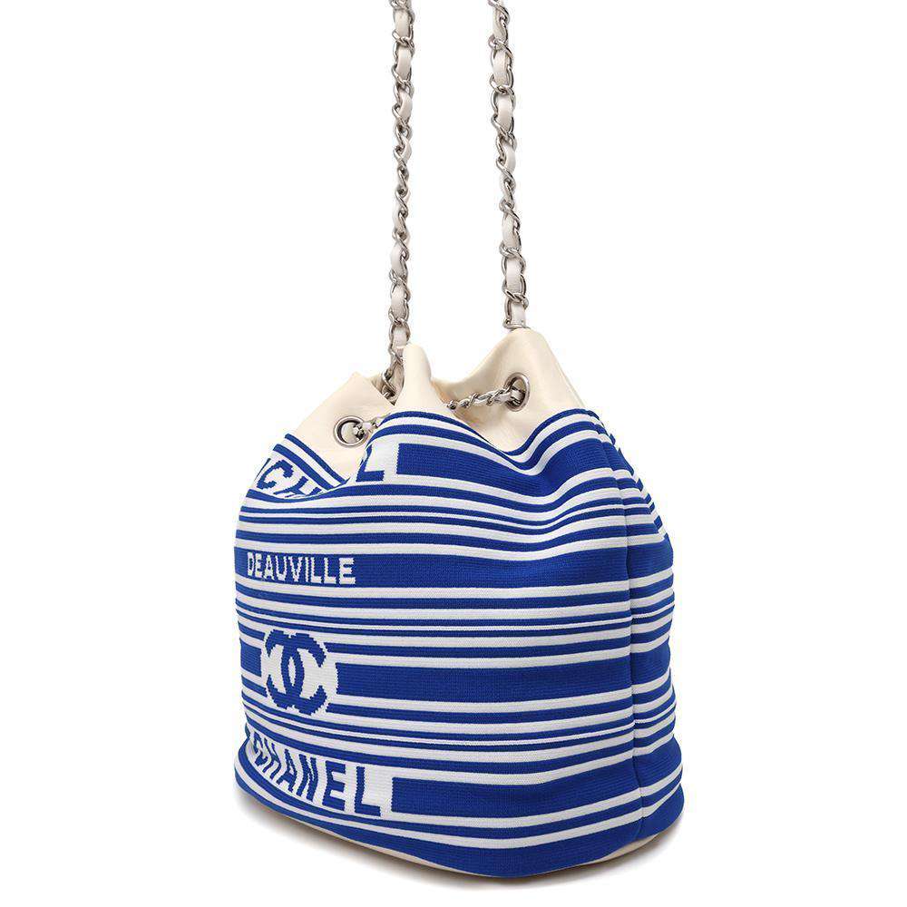 CHANEL Drawstring Bag ChainBag White/BlueAS0464 Leather Knit