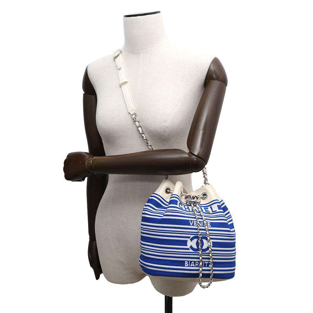 CHANEL Drawstring Bag ChainBag White/BlueAS0464 Leather Knit