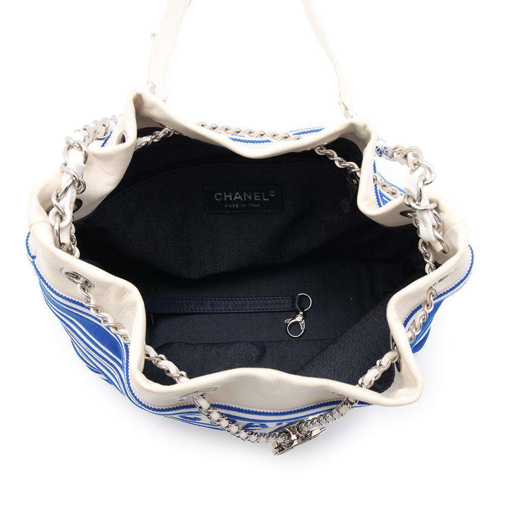 CHANEL Drawstring Bag ChainBag White/BlueAS0464 Leather Knit