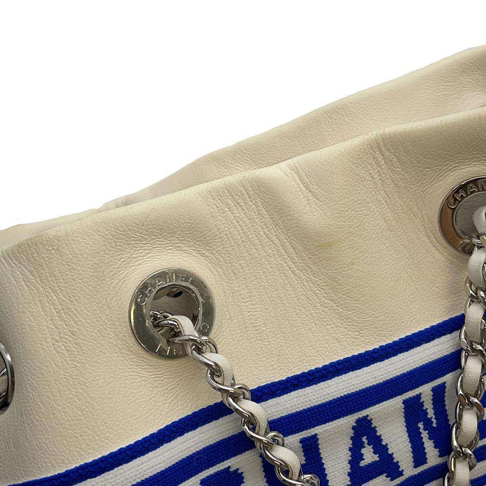 CHANEL Drawstring Bag ChainBag White/BlueAS0464 Leather Knit