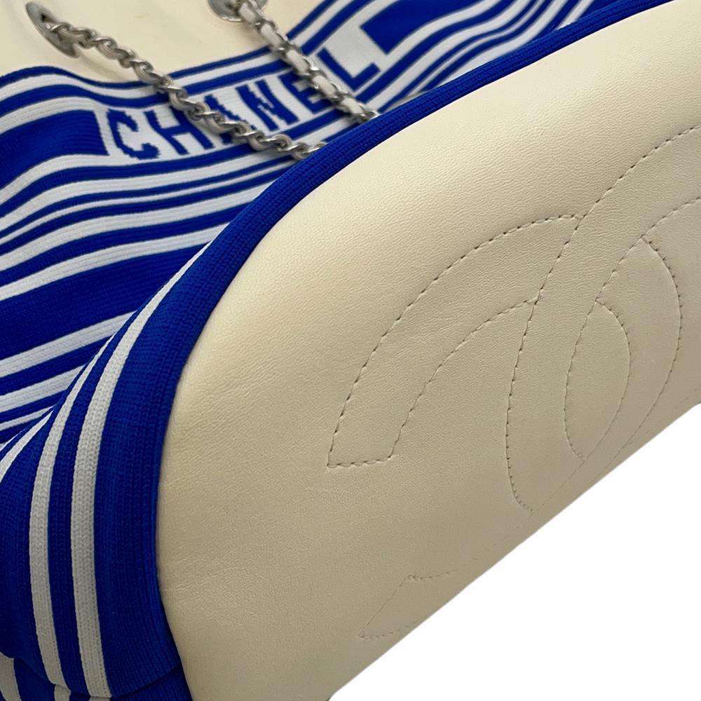 CHANEL Drawstring Bag ChainBag White/BlueAS0464 Leather Knit