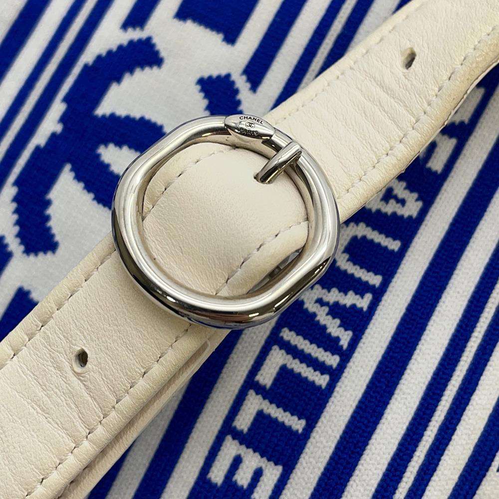 CHANEL Drawstring Bag ChainBag White/BlueAS0464 Leather Knit