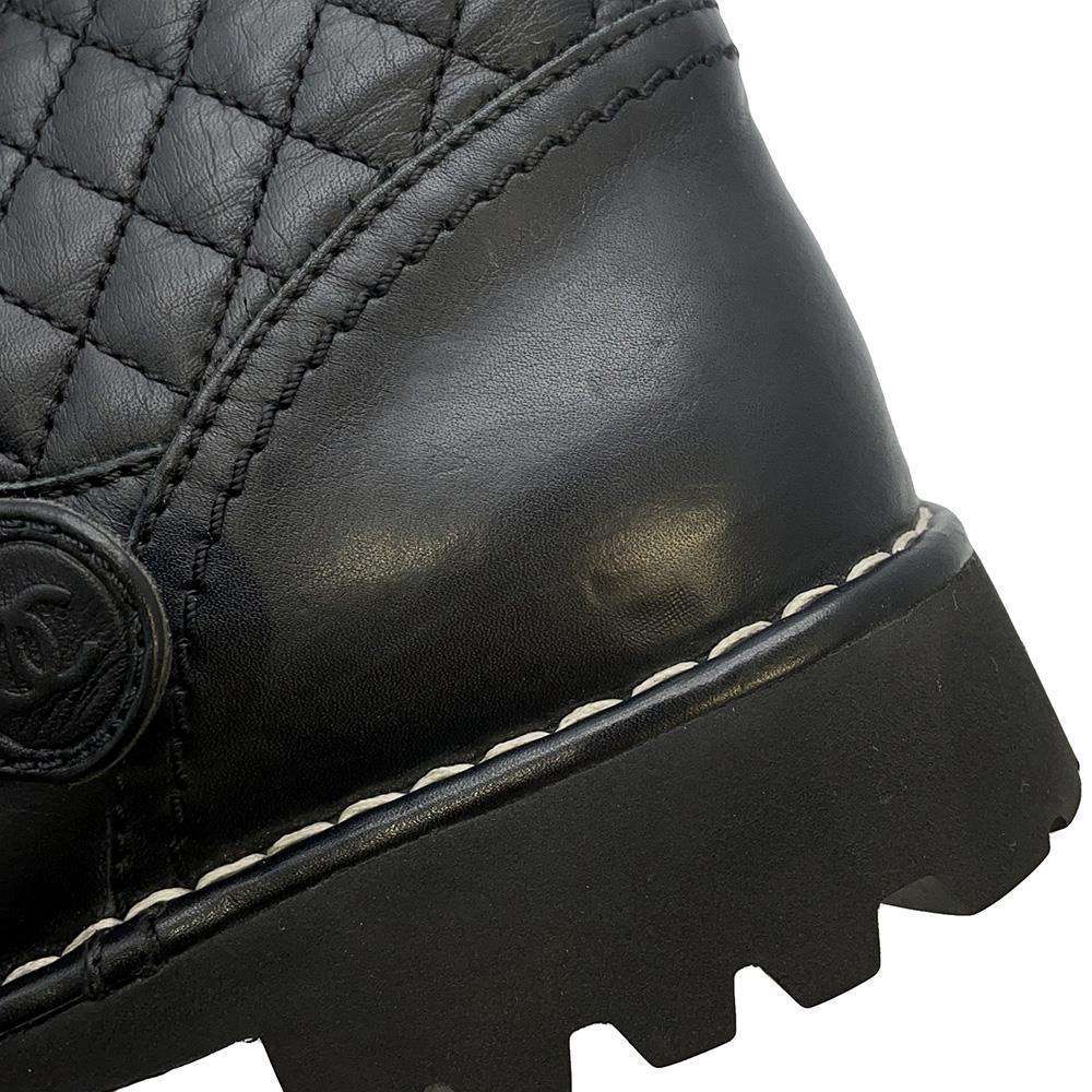 CHANEL CC Logo Engineer Boots Black Leather Size 34