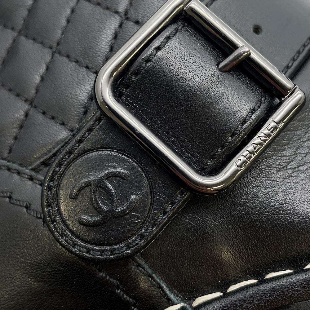 CHANEL CC Logo Engineer Boots Black Leather Size 34