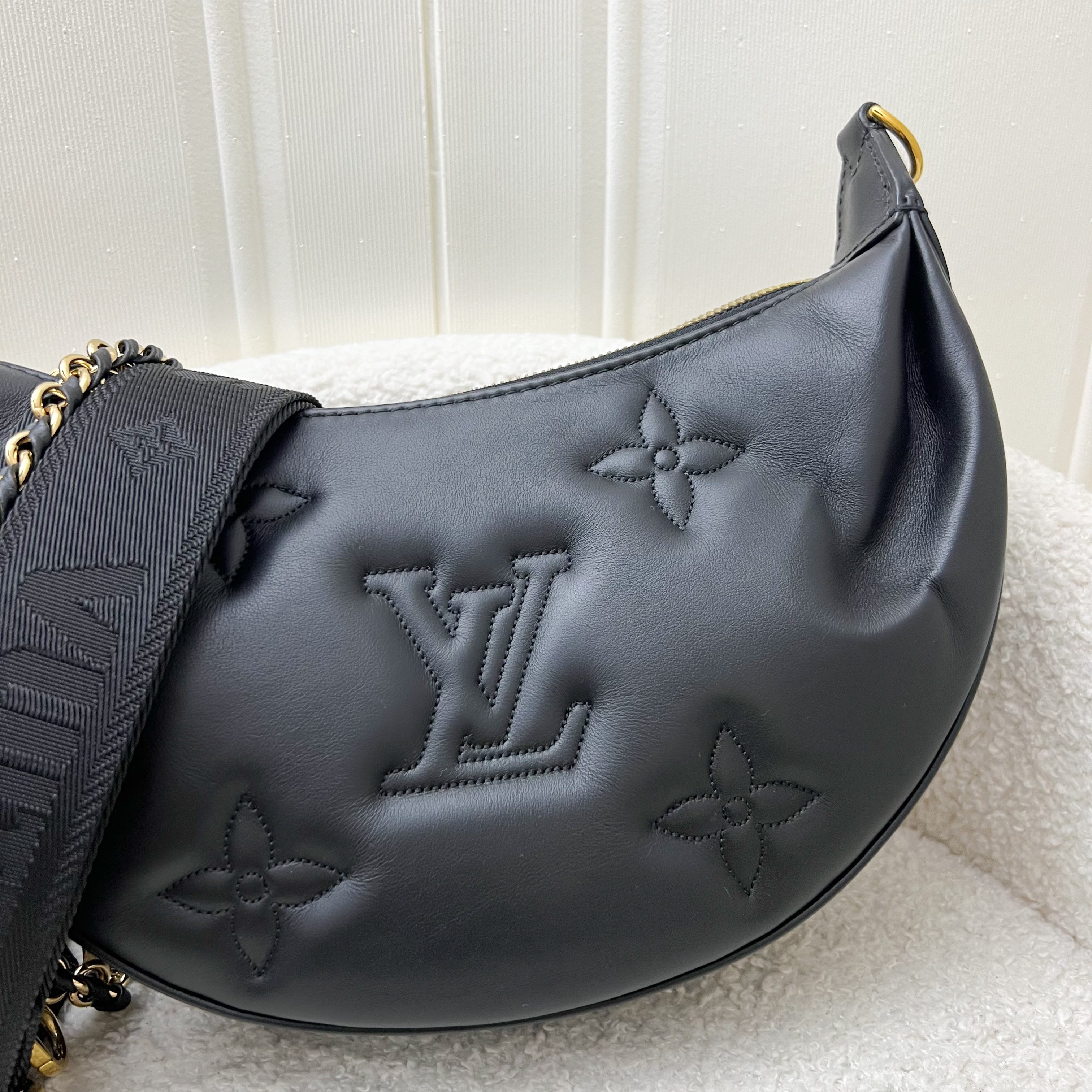 LV Over The Moon Bag in Black Bubblegram Calfskin and GHW with Canvas Strap and Chain Strap