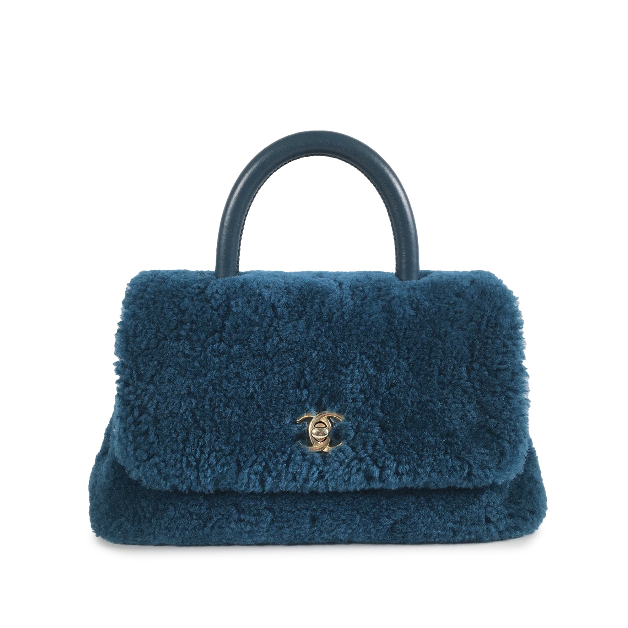 Chanel Coco Top Handle Small Blue Shearling Gold
