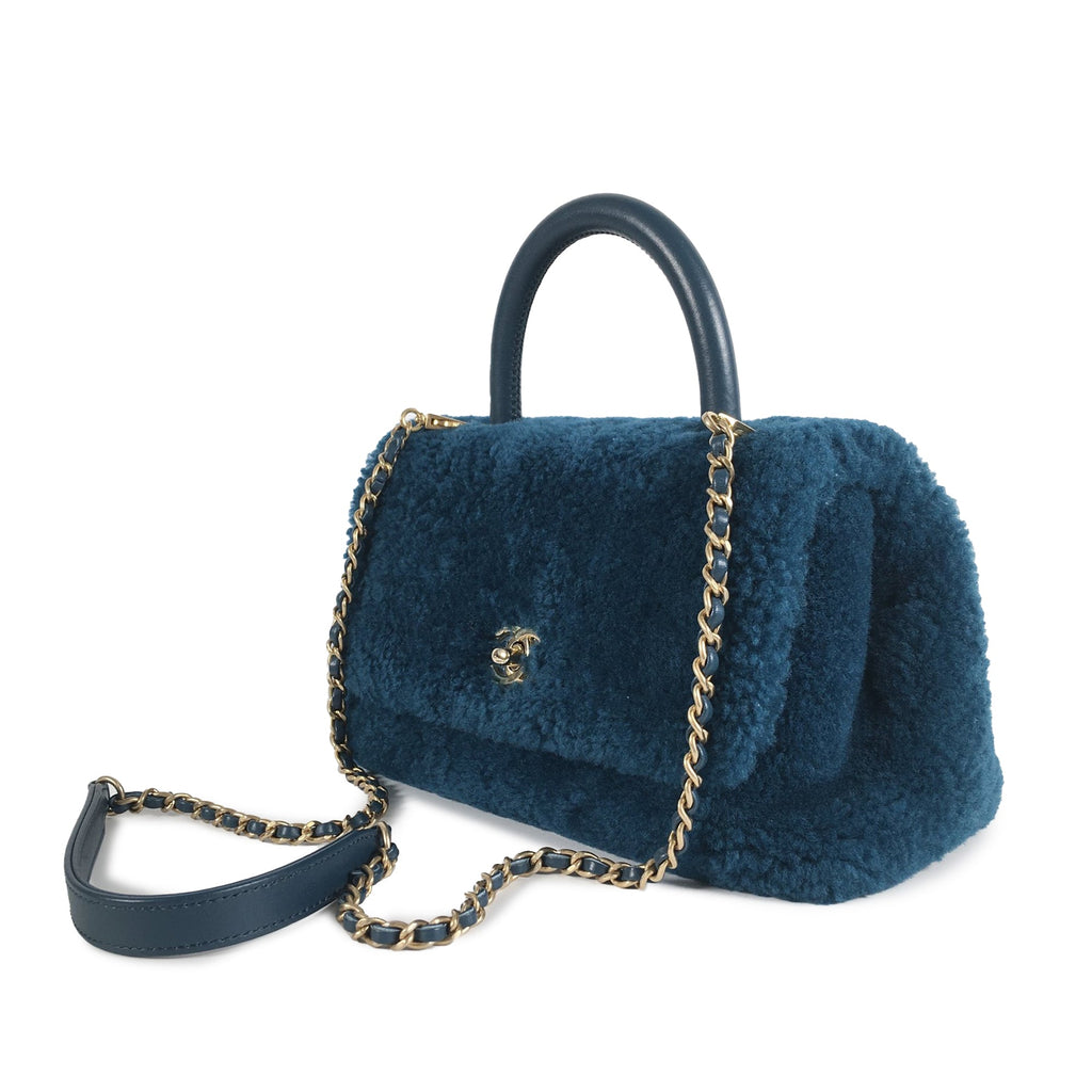 Chanel Coco Top Handle Small Blue Shearling Gold