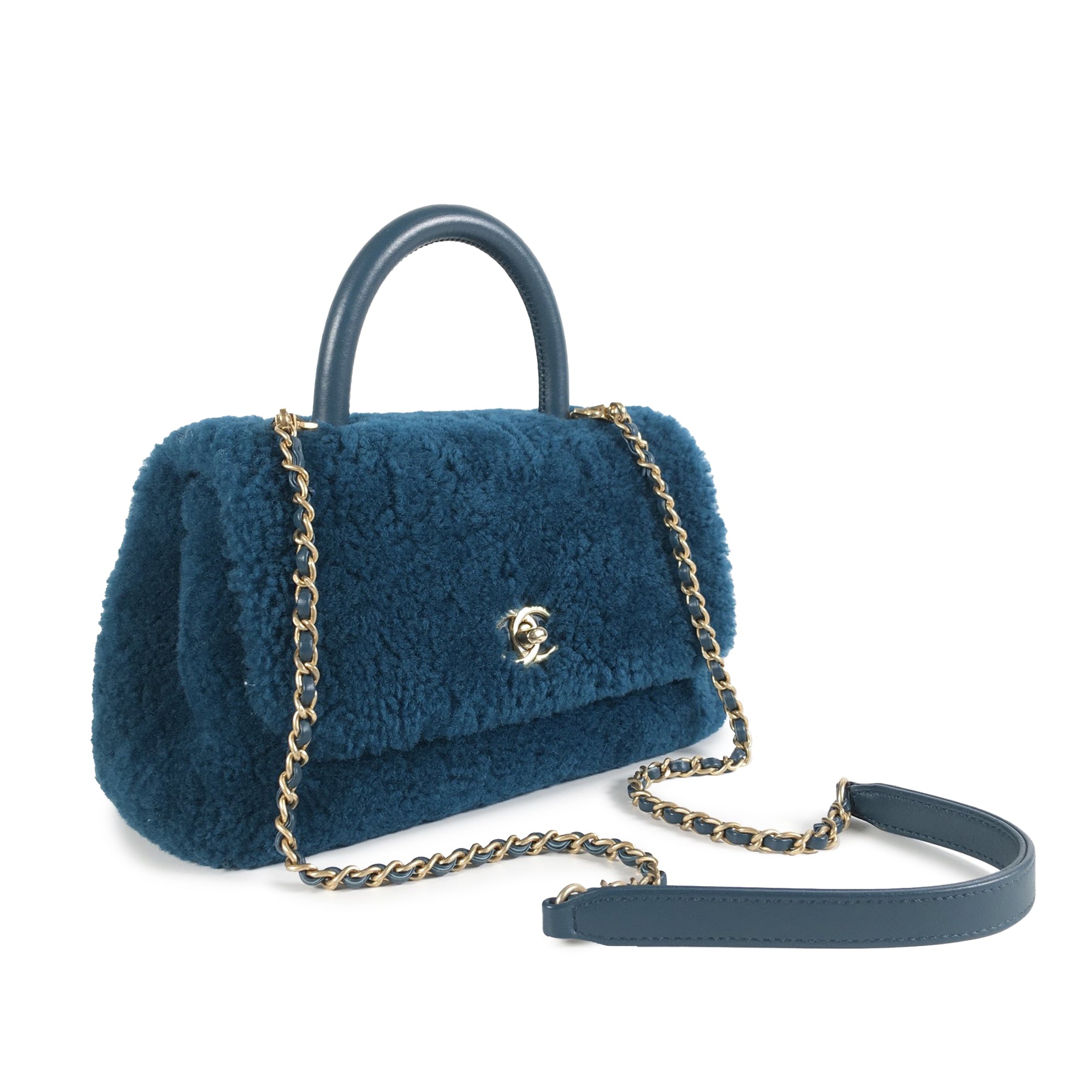 Chanel Coco Top Handle Small Blue Shearling Gold