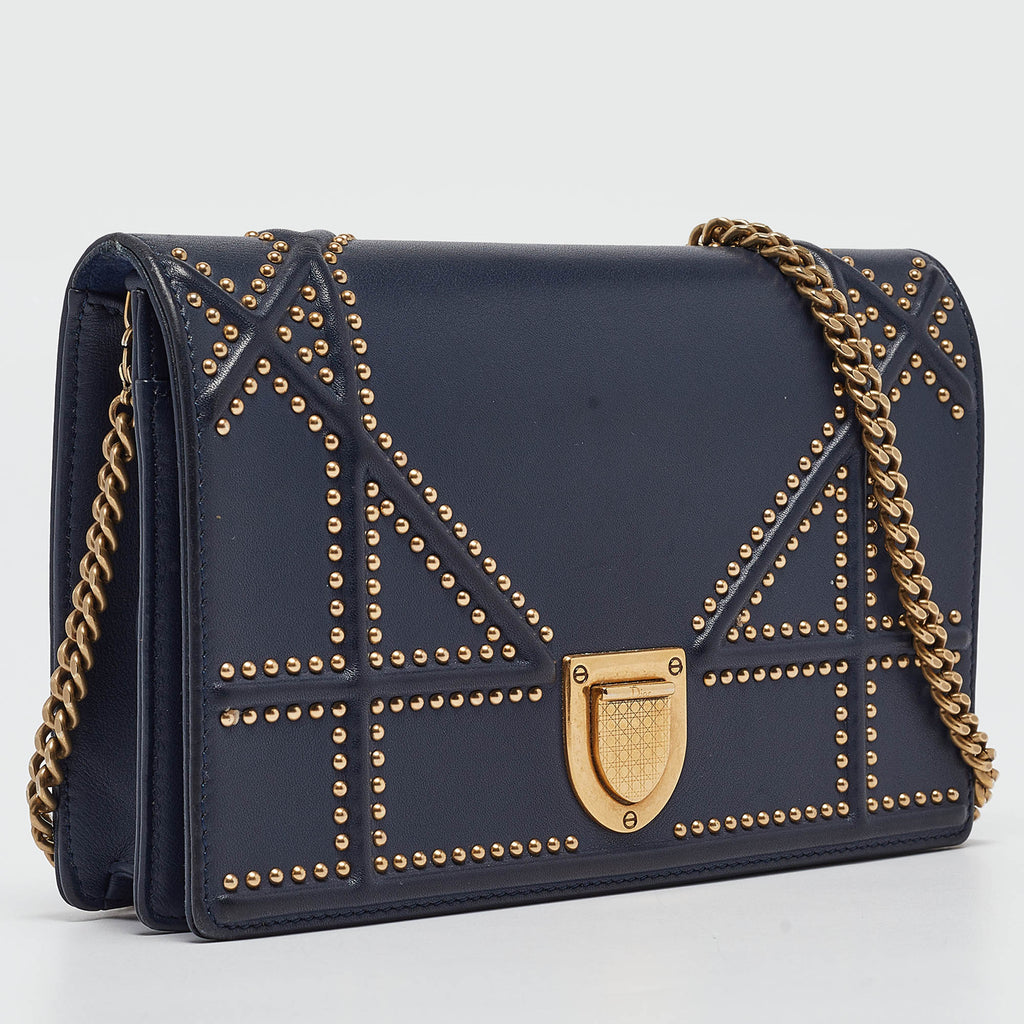 Dior Navy Blue Leather Studded Diorama Wallet On Chain