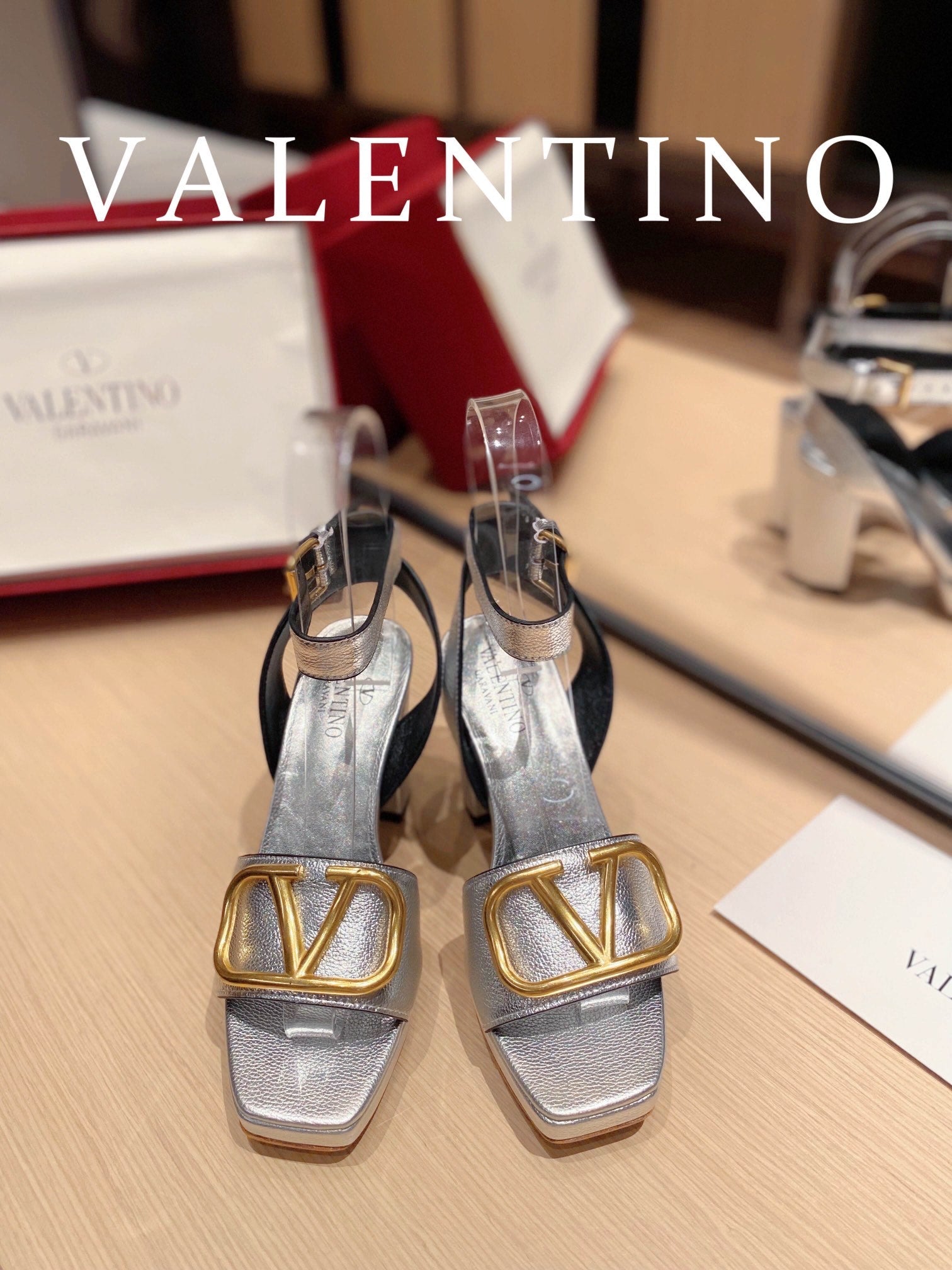 Valentino Garavani Strap Heeled Sandals With V Logo Signature EmbellisGLAMIent Silver For Women