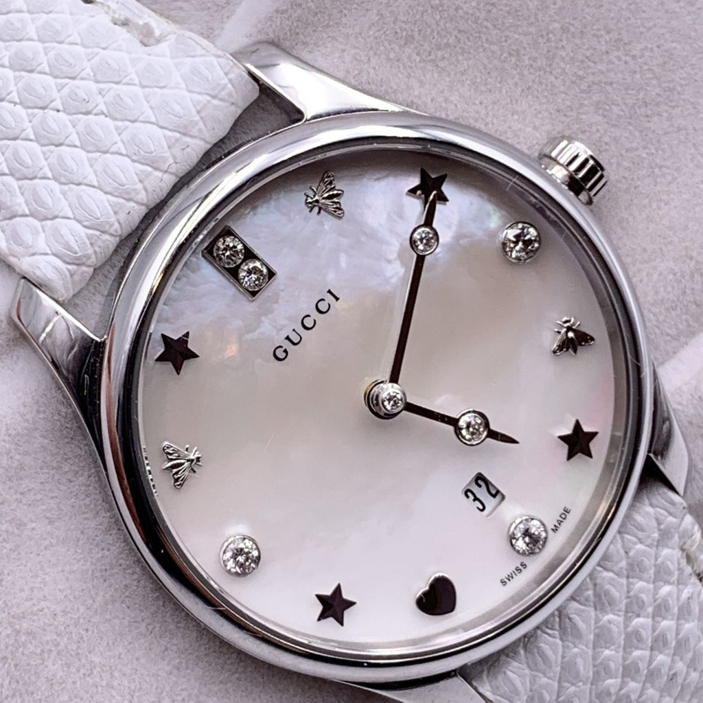GUCCI White G-Timeless Slim Diamond Mother Of Pearl Dial Watch