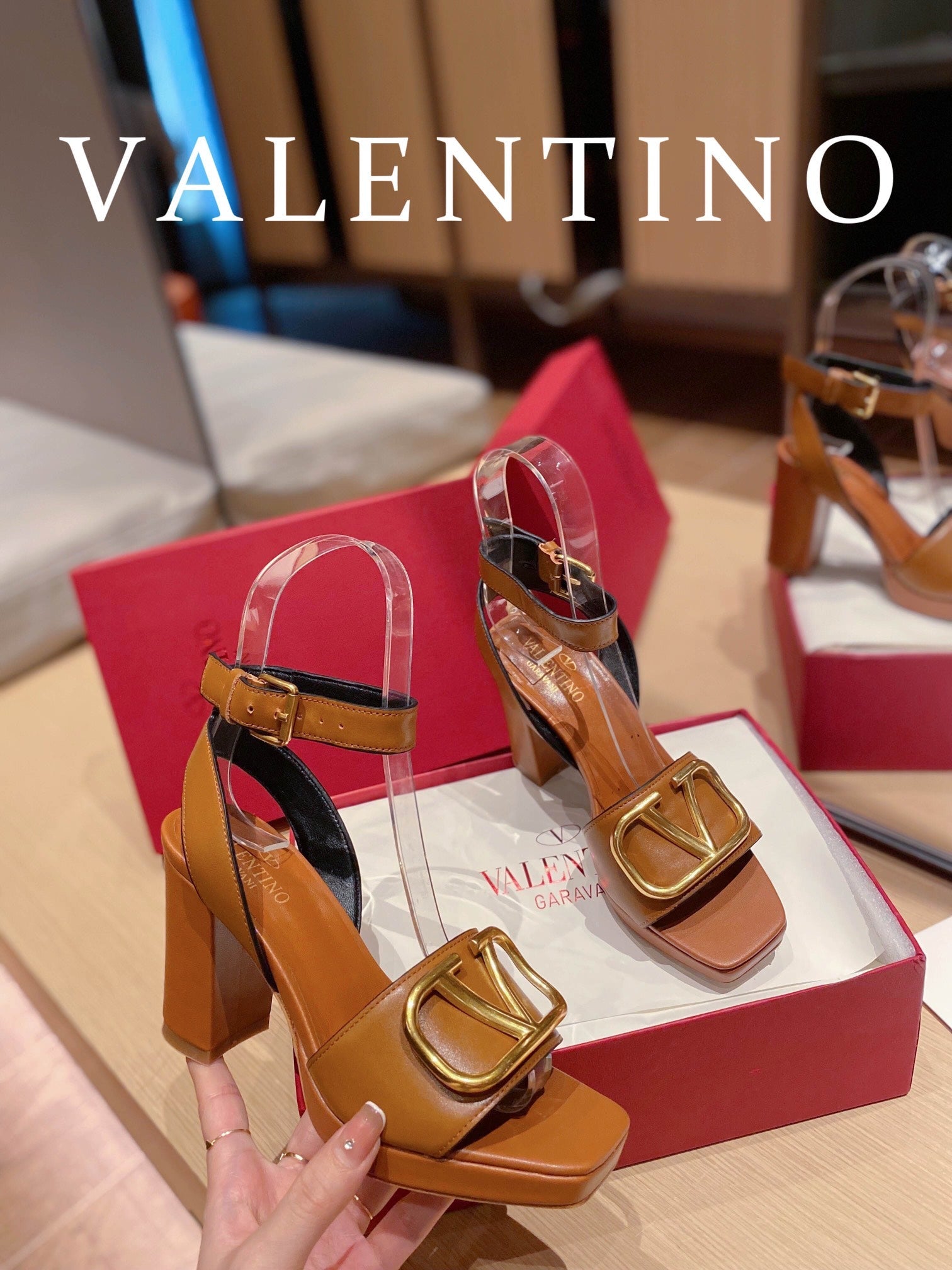 Valentino Garavani Strap Heeled Sandals With V Logo Signature EmbellisGLAMIent Orange For Women
