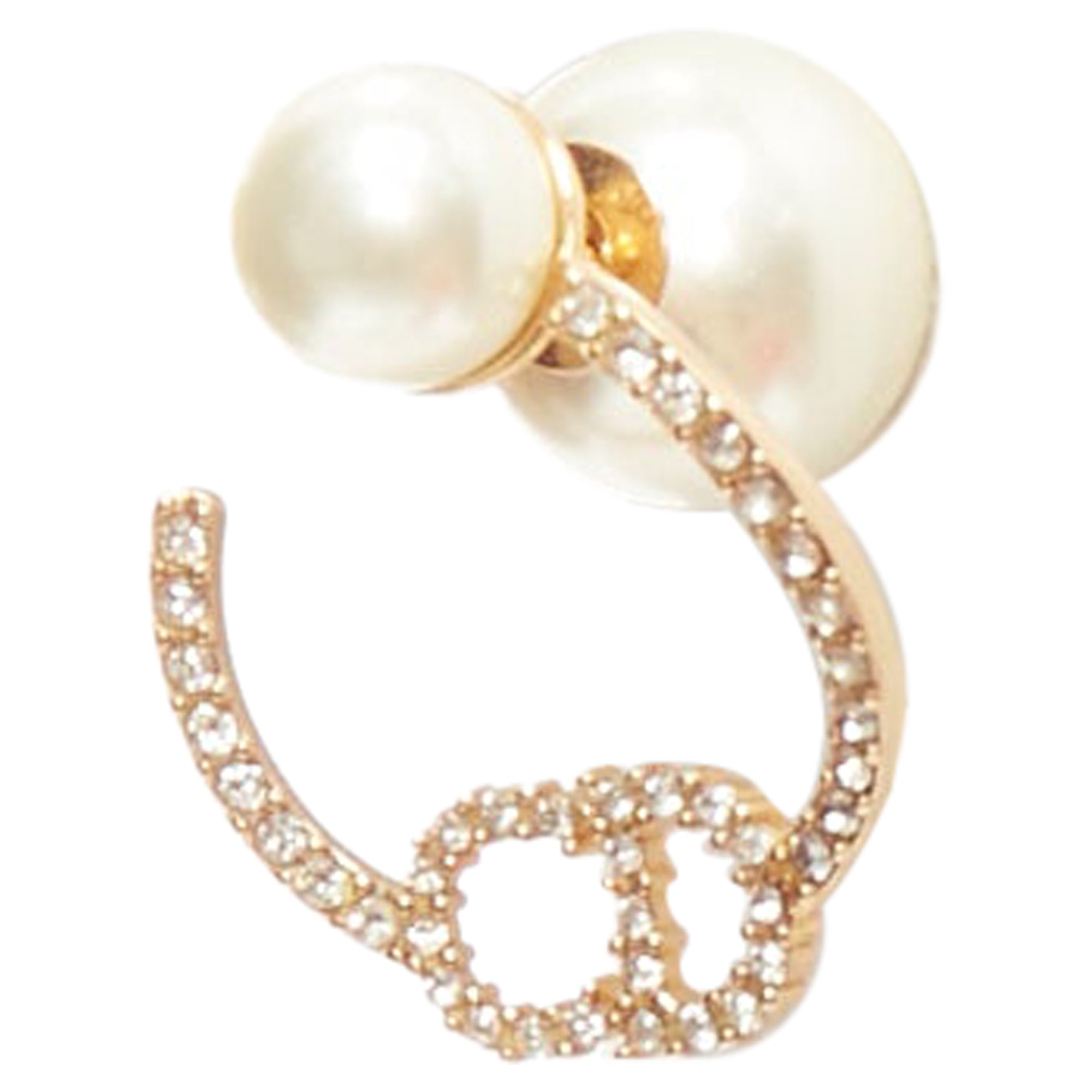 Dior Tribales Gold Metal Crystal Pave CD Orbital Faux Pearl Pin Earrings