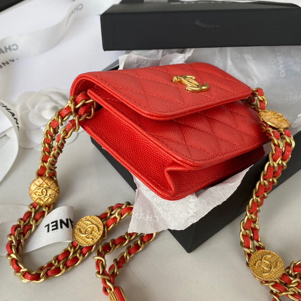 CHL Clutch With Chain Gold Hardware Grained Shinny Red For Women, Women’s Handbags, Shoulder Bags 4.7in/12cm AP2857