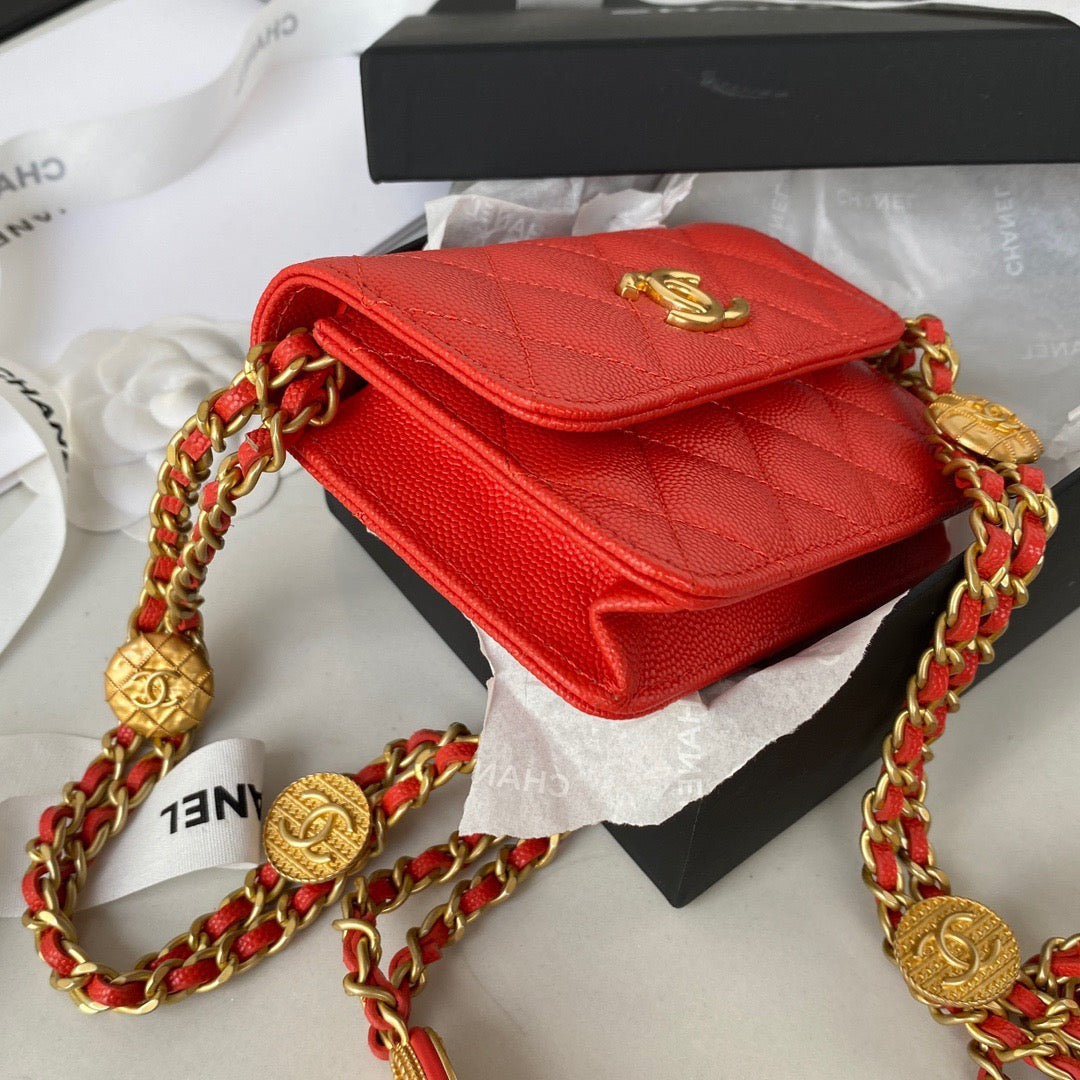 CHL Clutch With Chain Gold Hardware Grained Shinny Red For Women, Women’s Handbags, Shoulder Bags 4.7in/12cm AP2857