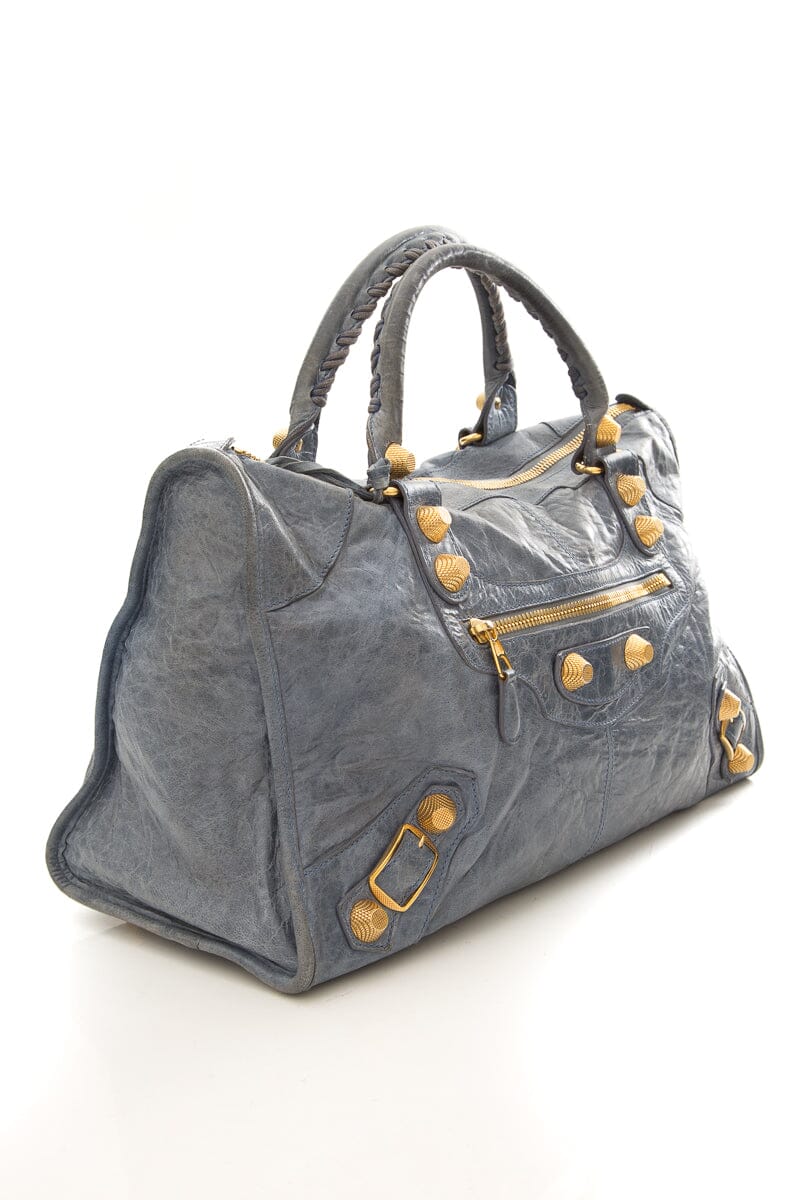 Balenciaga Blue Crinkled Leather & Gold Work Tote