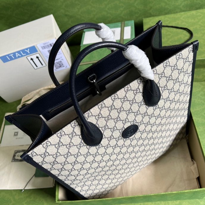 gg Tote Bag With Interlocking G Beige And Blue Supreme Canvas For Women 15in/38.5cm gg