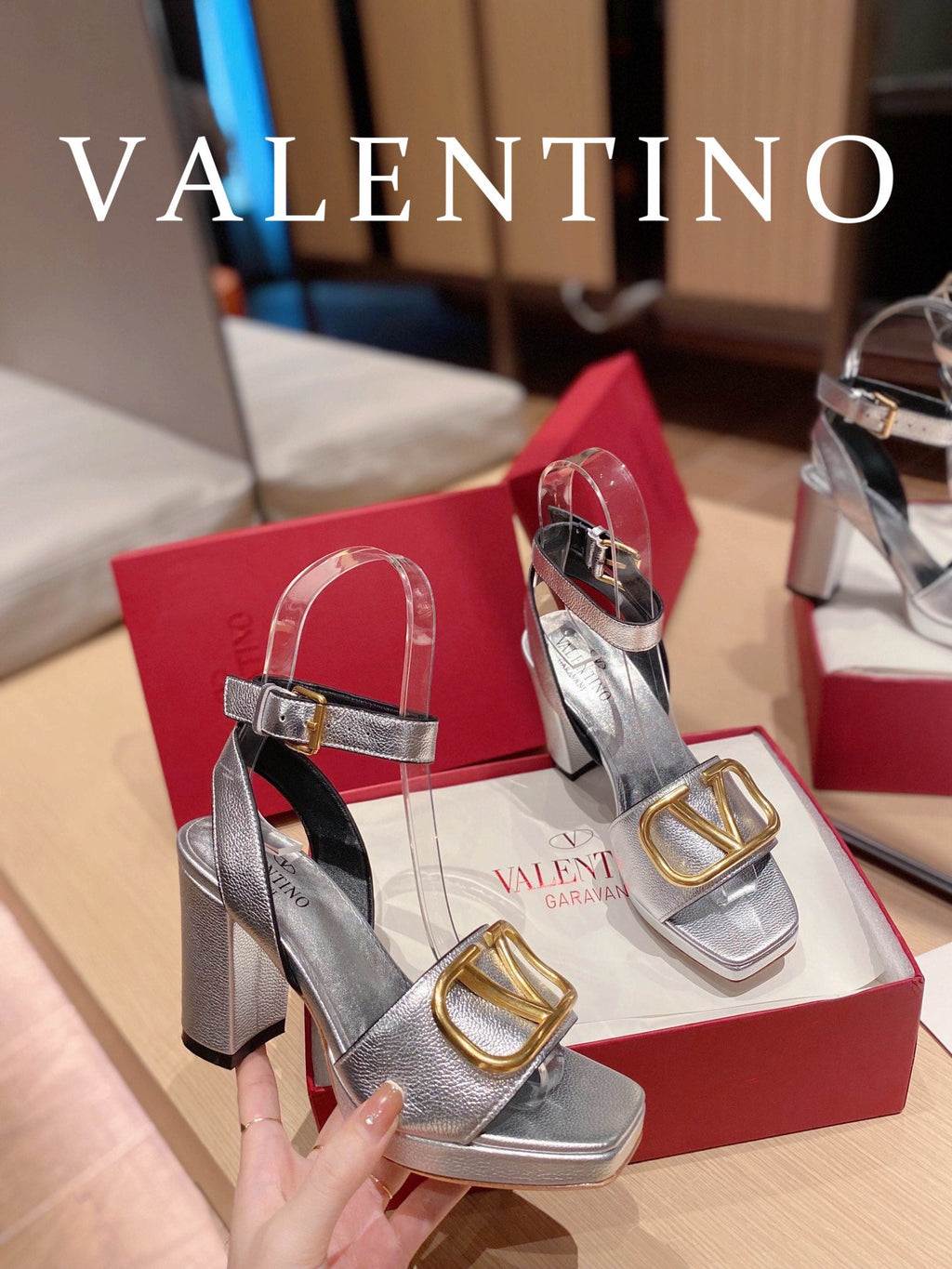 Valentino Garavani Strap Heeled Sandals With V Logo Signature EmbellisGLAMIent Silver For Women