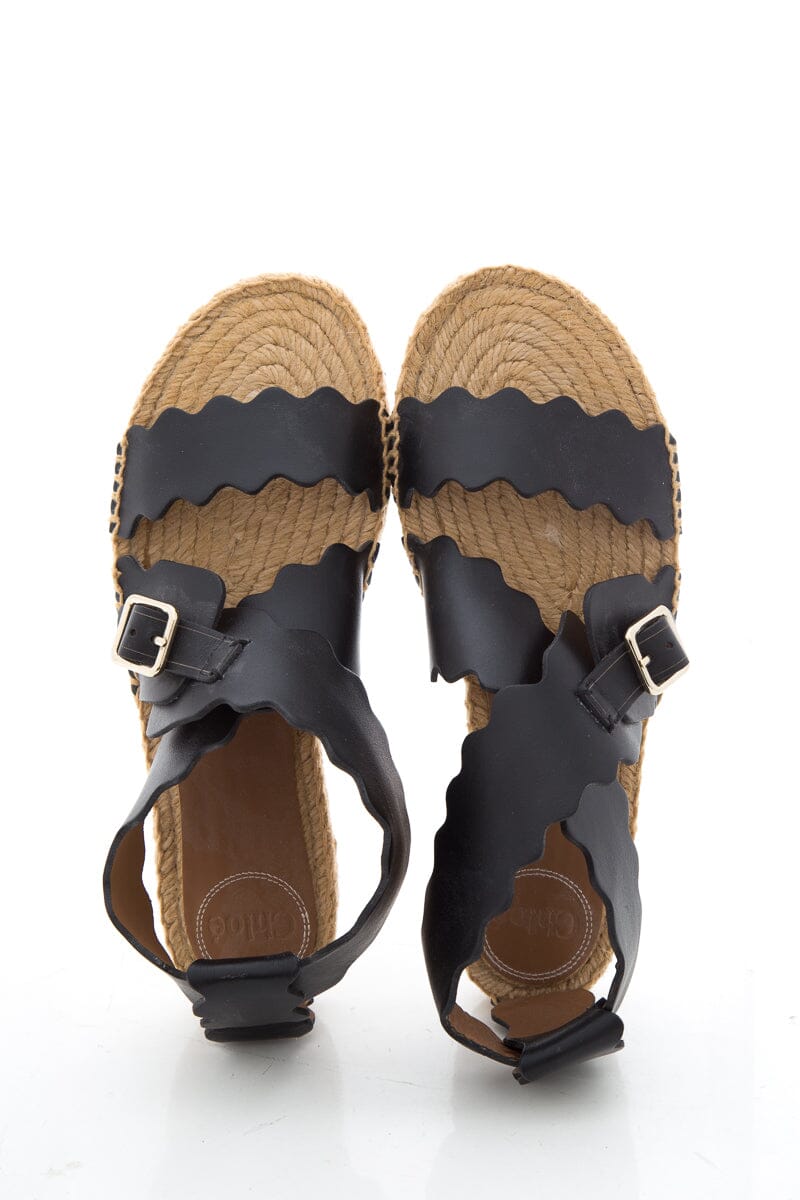 Chloe Black Leather Lauren Scalloped Sandals SZ 39