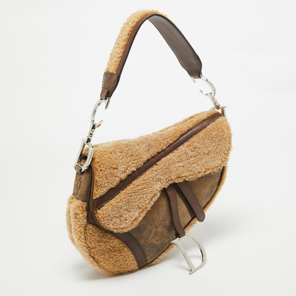 Dior /brown Shearling And Leather Saddle Bag