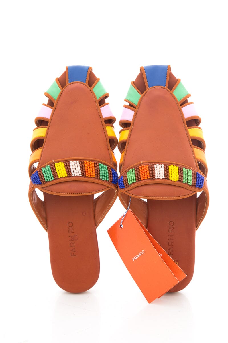 Farm Rio Brown Multicolor Beaded Mules SZ 9