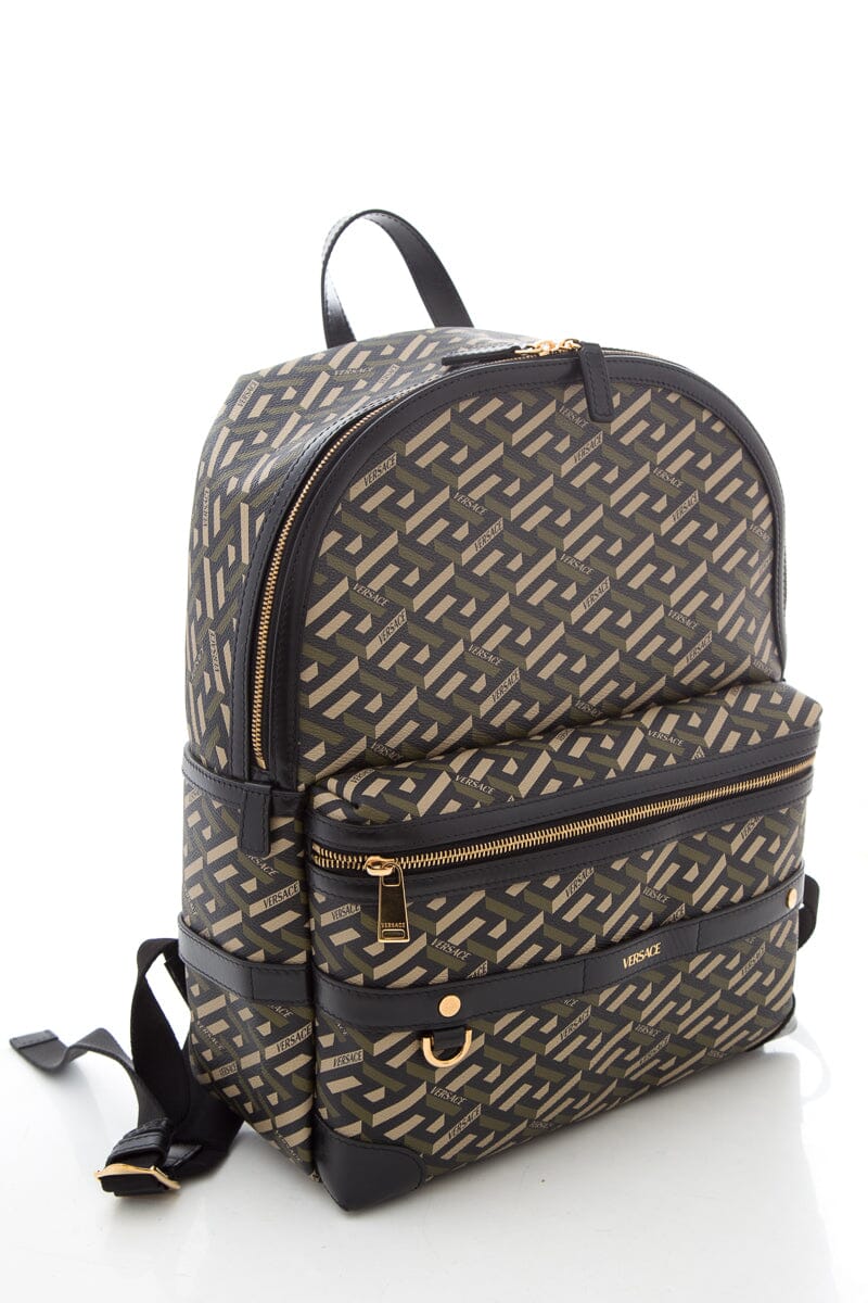 Versace Green & Black La Greca Coated Canvas Backpack