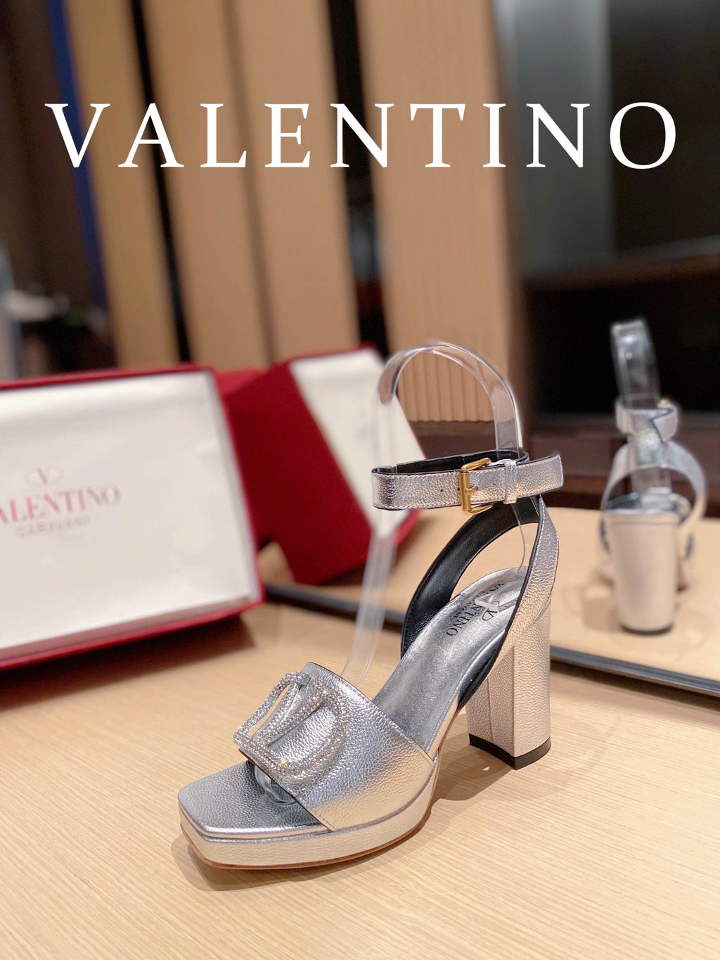Valentino Garavani Strap Heeled Sandals With V Logo Crystal EmbellisGLAMIent Silver For Women