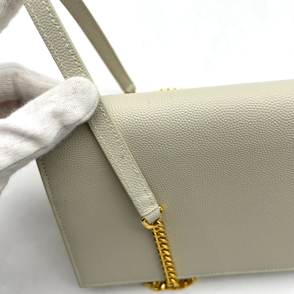 Pre-owned SAINT LAURENT Grain De Poudre Small Classic Monogram Kate Tassel Satchel Crema Soft WD255108