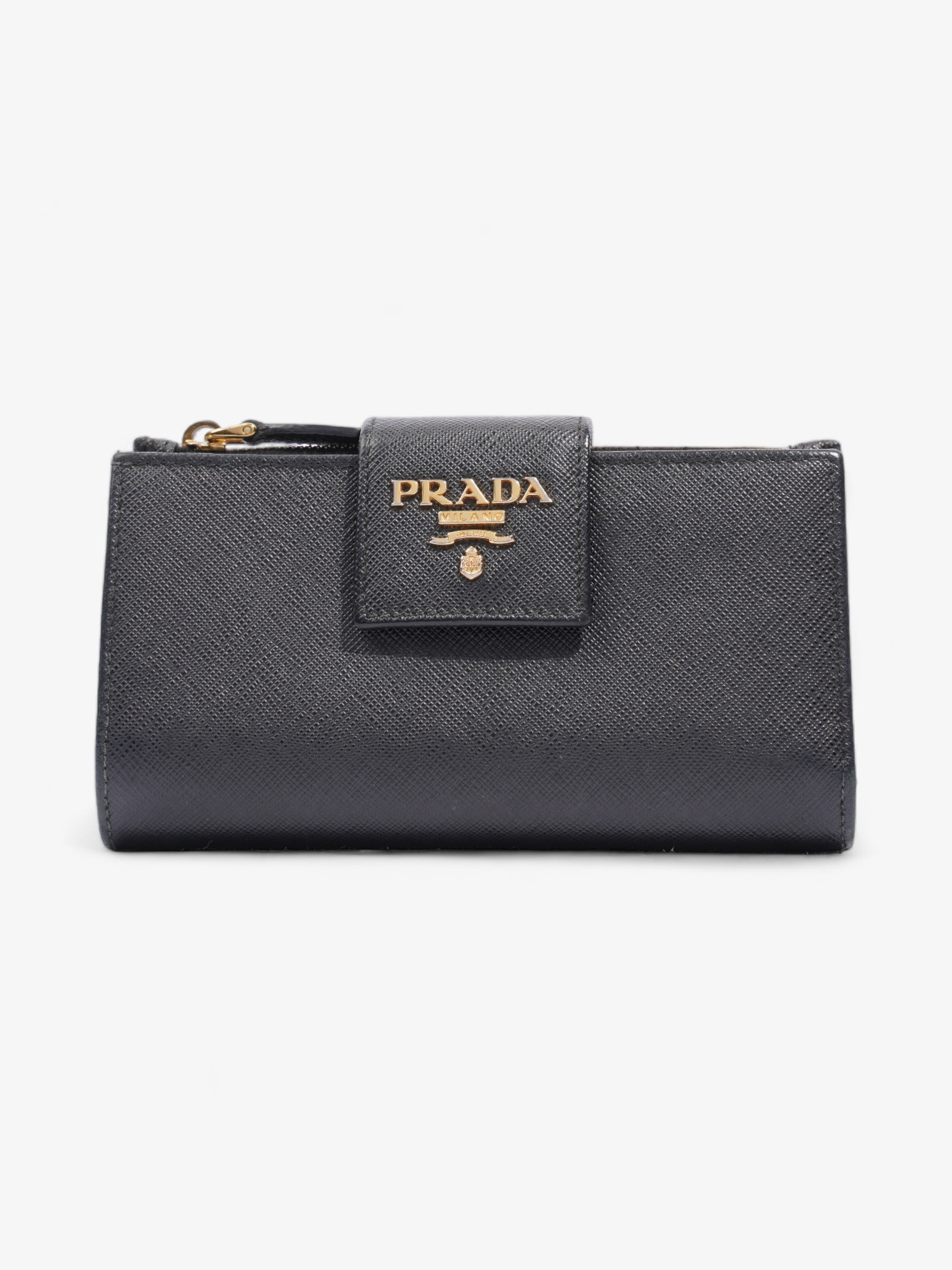 Prada Logo Buckle Wallet Black Saffiano Leather Medium