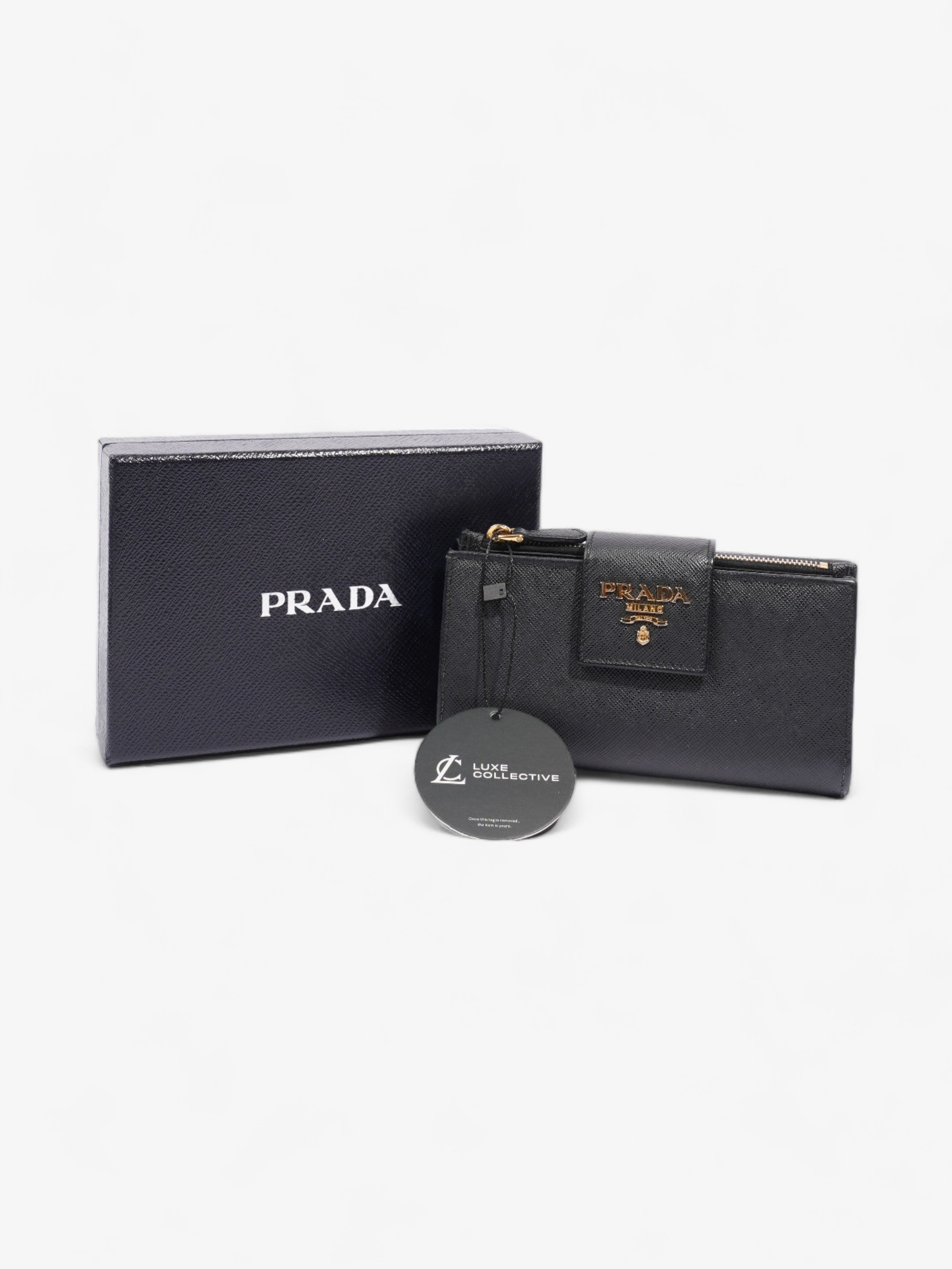 Prada Logo Buckle Wallet Black Saffiano Leather Medium