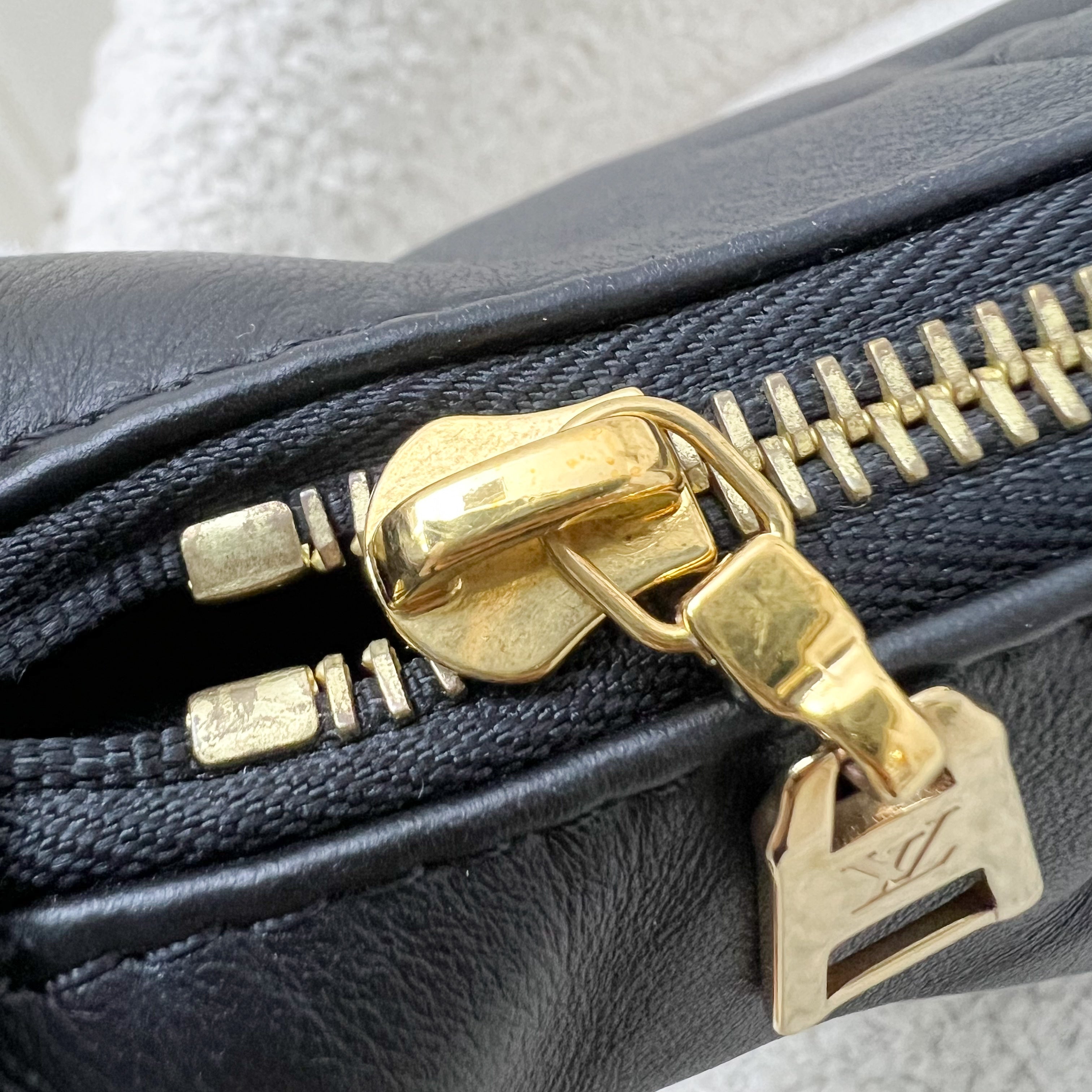 LV Over The Moon Bag in Black Bubblegram Calfskin and GHW with Canvas Strap and Chain Strap