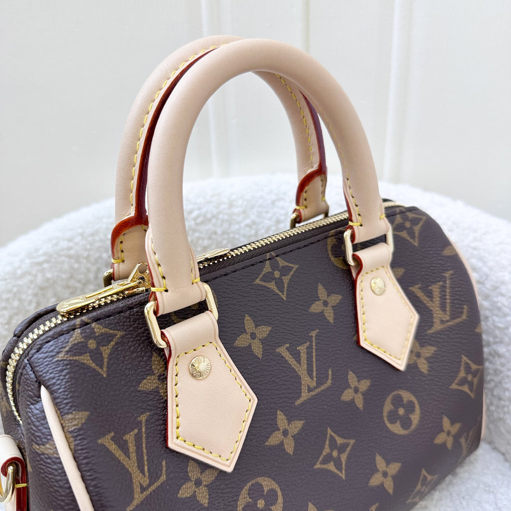 LV Speedy Bandouliere 20 in Monogram Canvas and Beige Patterned Strap