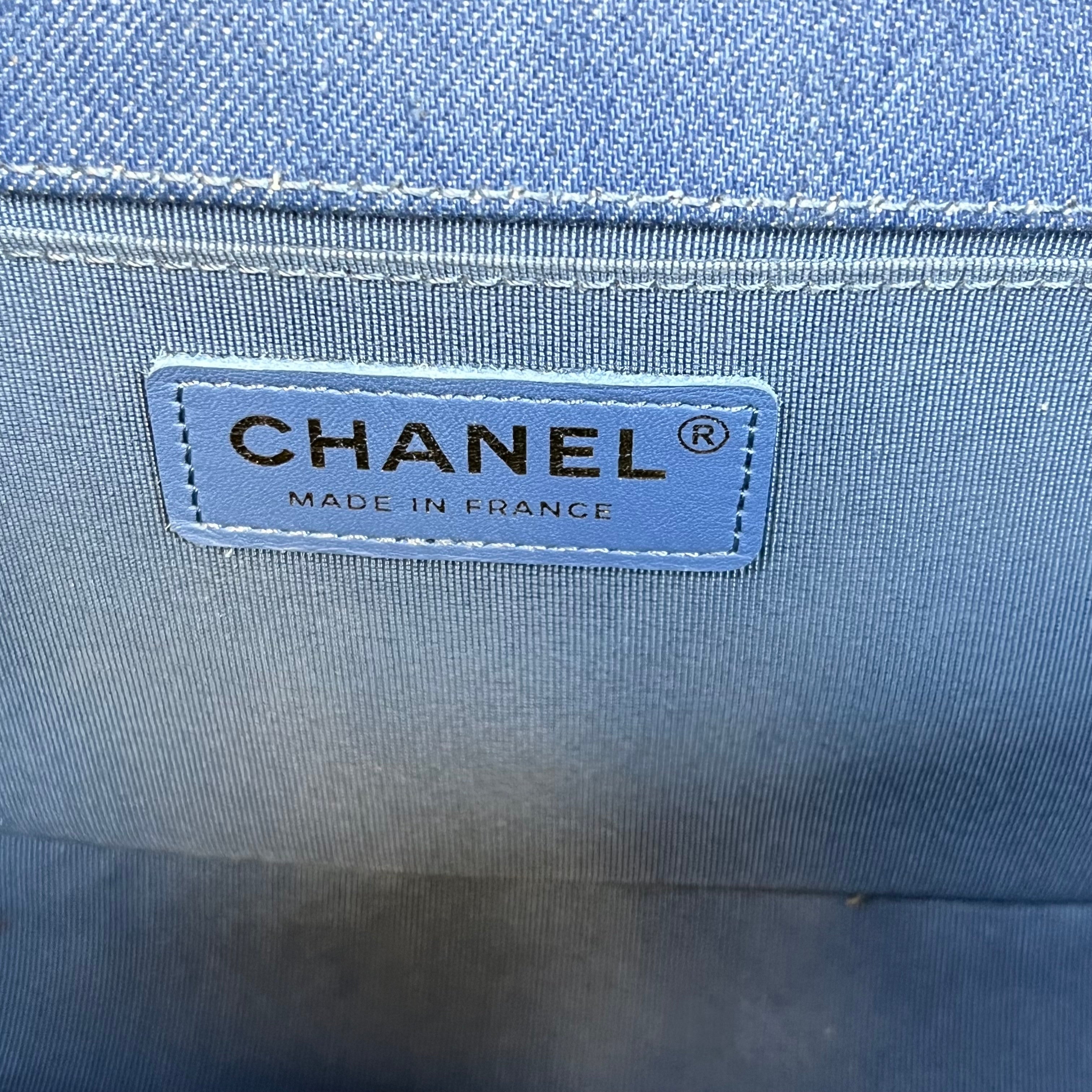 CHANEL Boy Flap Medium Light Blue Denim Pleated Shoulder Bag