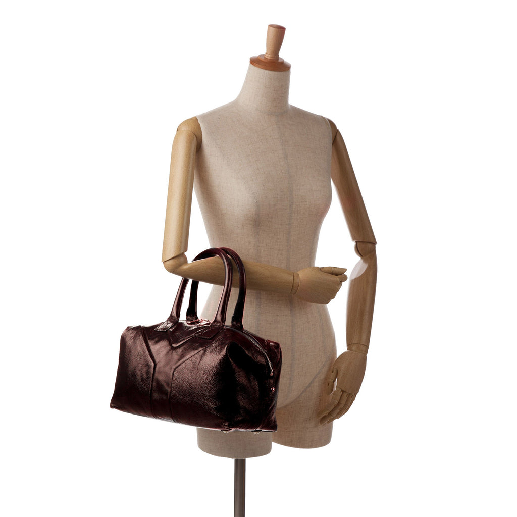 Brown YSL Easy Y Patent Leather Tote