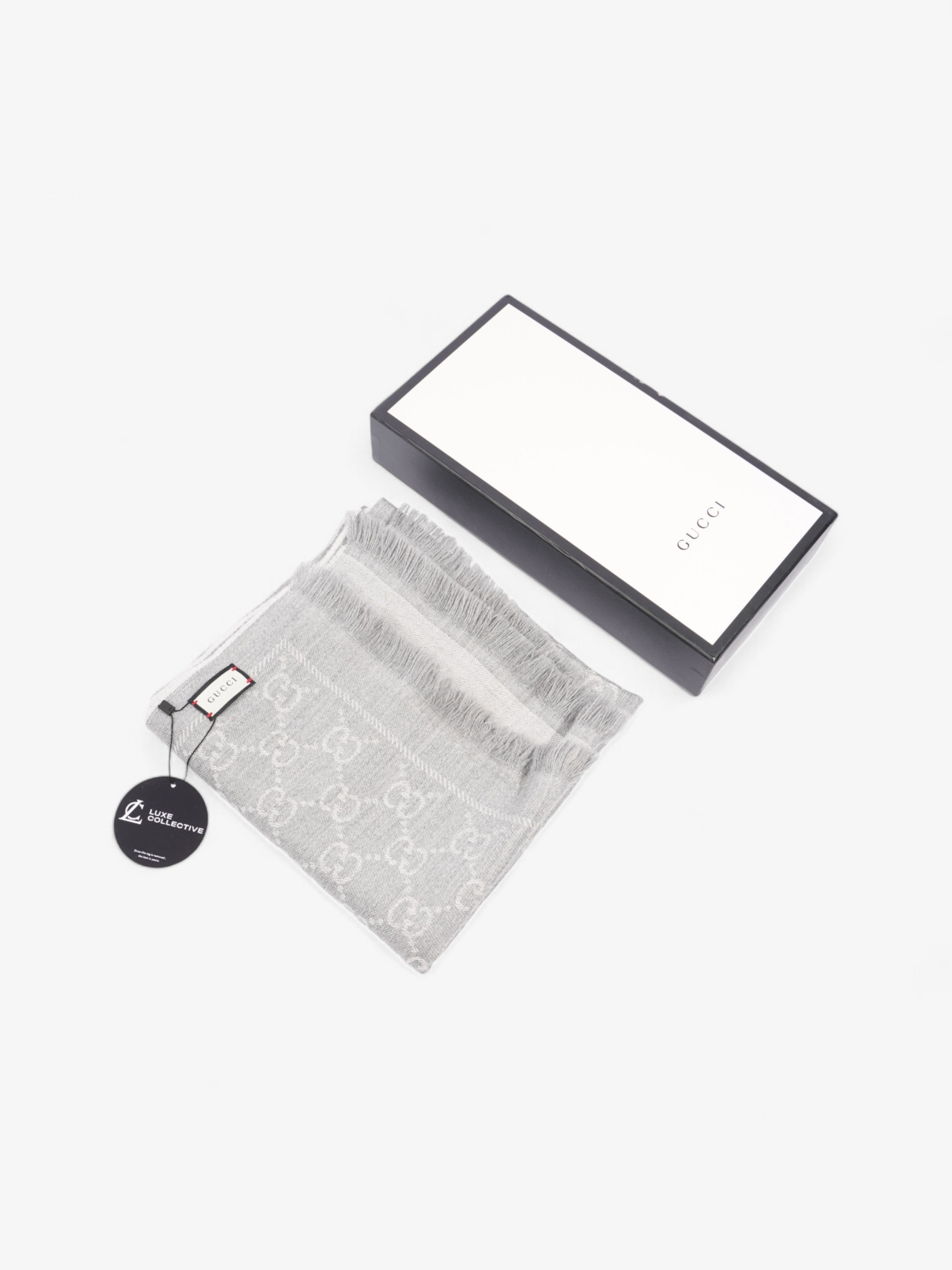 Gucci GG Jacquard Scarf Grey Wool 48 x 180cm