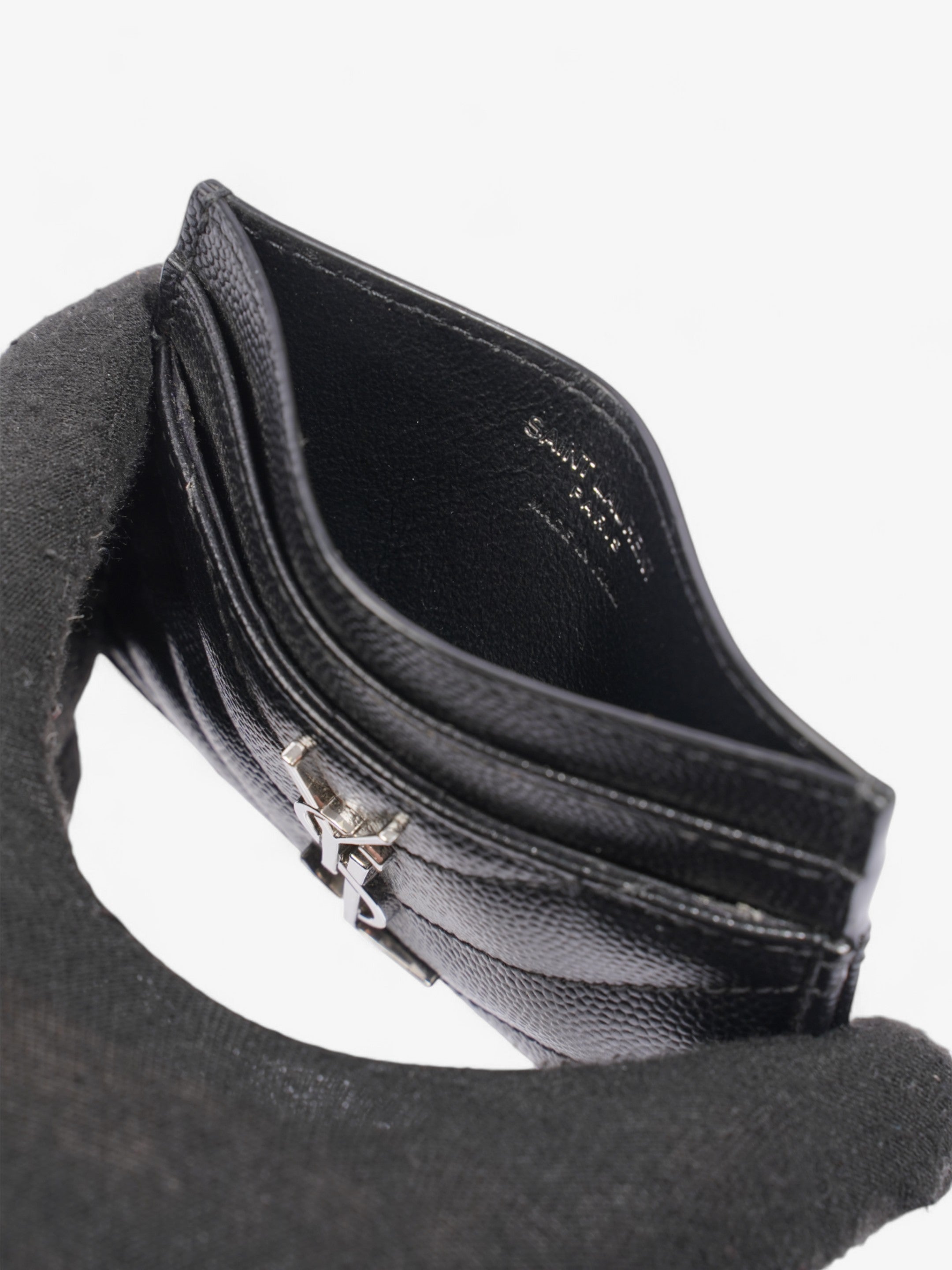 Saint Laurent Cassandre Card Holder Black / Silver Grained Leather