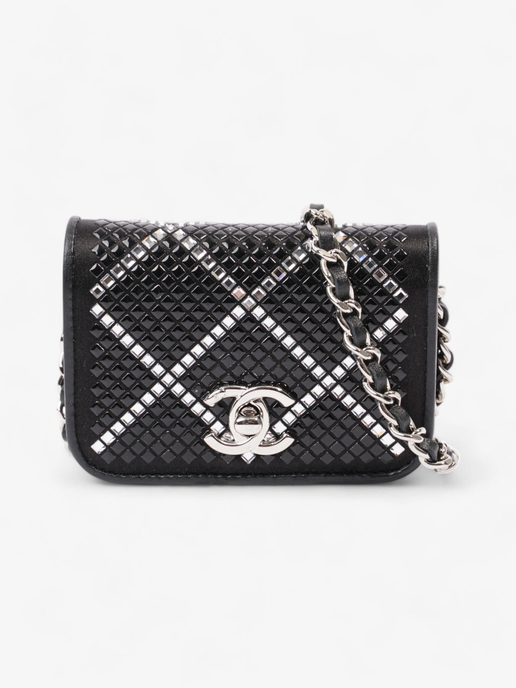 Chanel CC Flap Card Holder on Chain Embellished Black / White Leather Mini