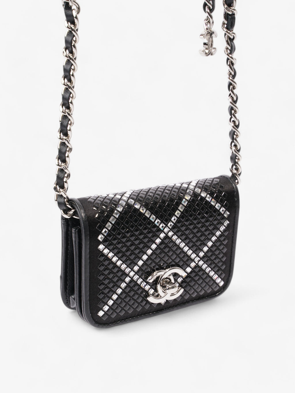 Chanel CC Flap Card Holder on Chain Embellished Black / White Leather Mini