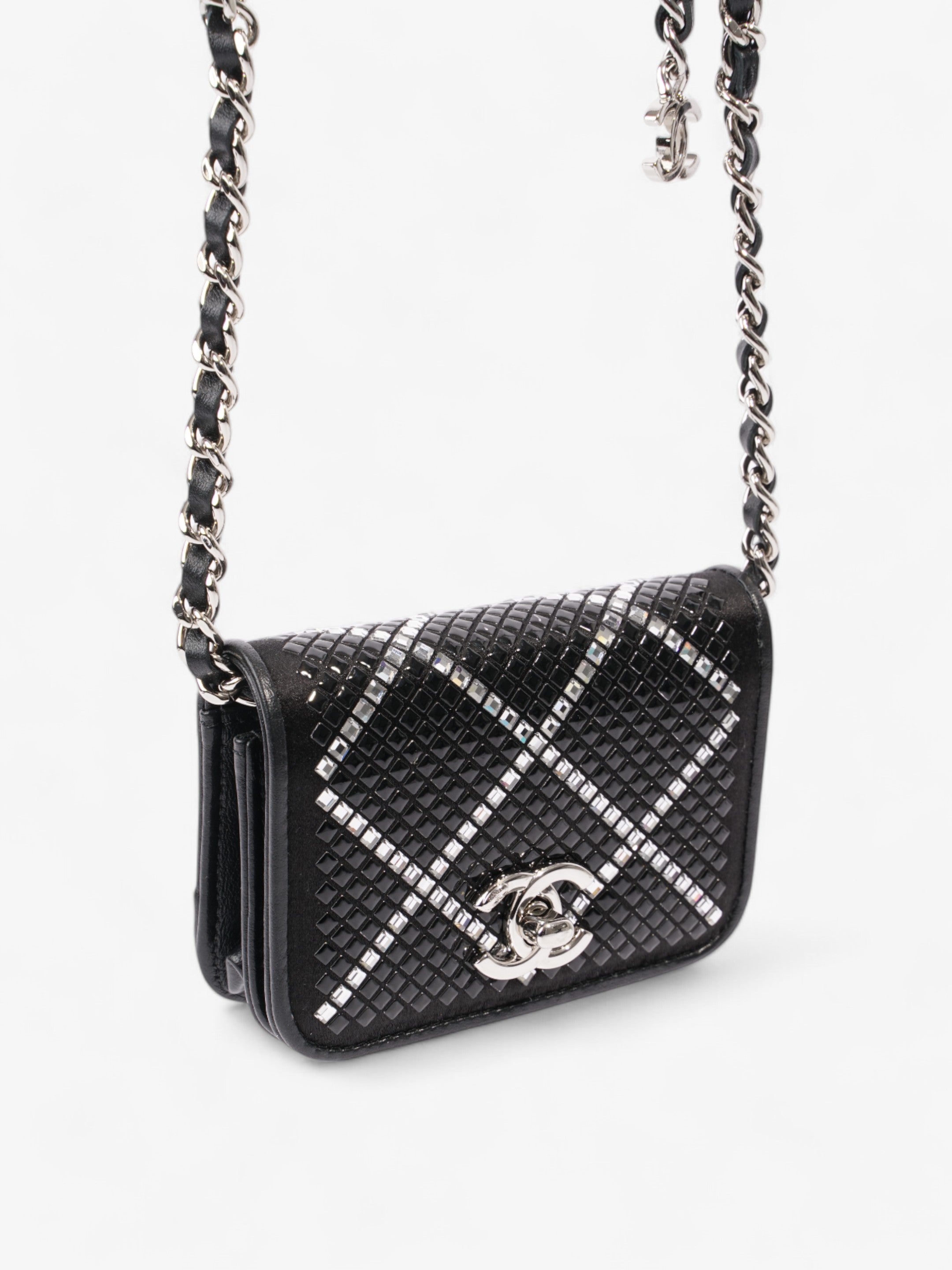 Chanel CC Flap Card Holder on Chain Embellished Black / White Leather Mini