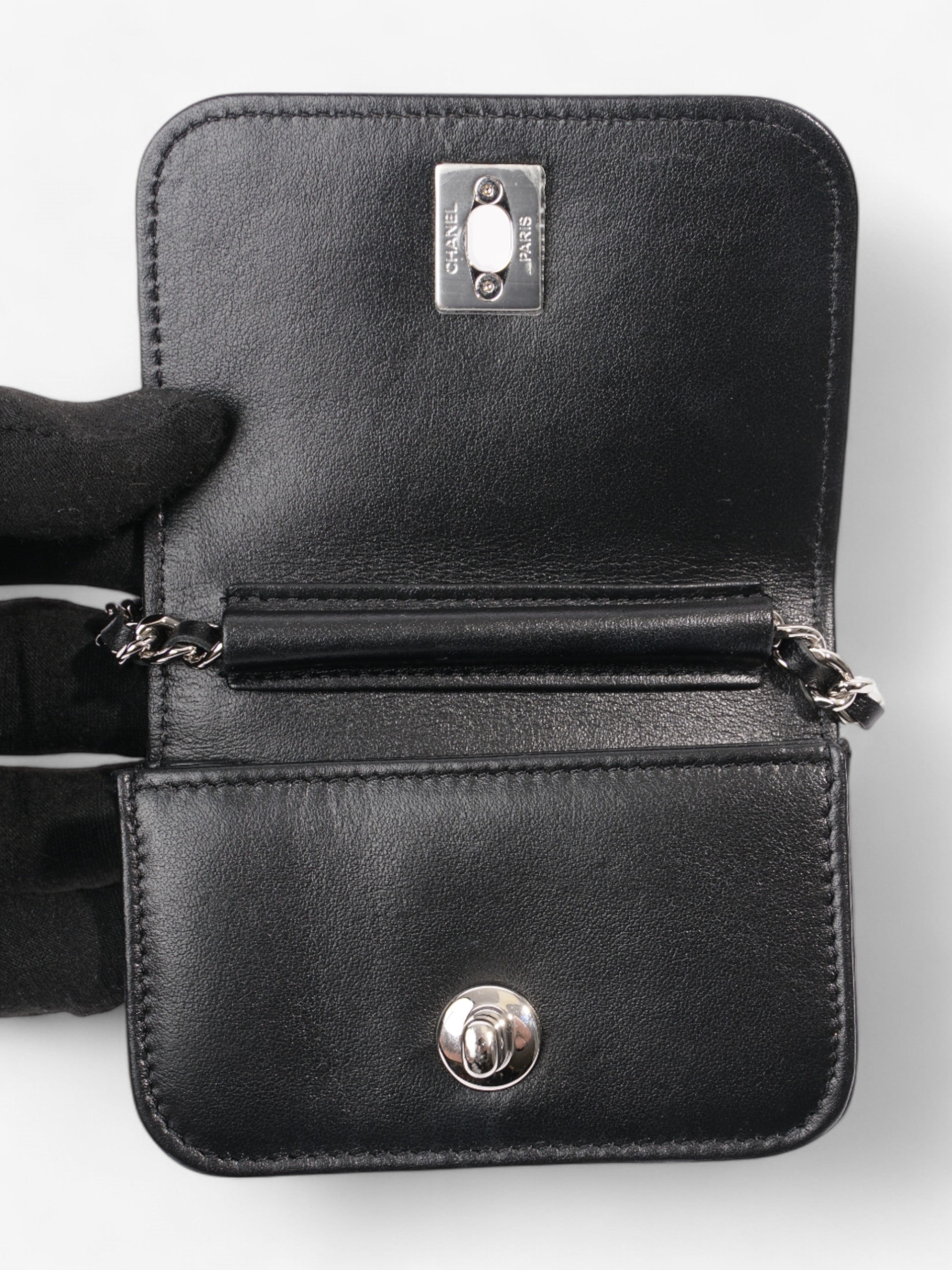Chanel CC Flap Card Holder on Chain Embellished Black / White Leather Mini