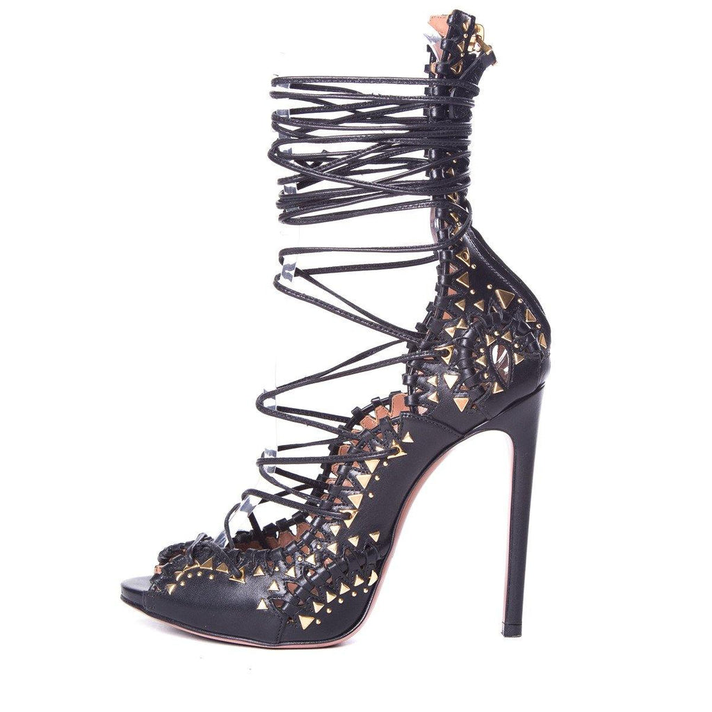 AlaÃƒÆ’Ã‚Â¯a Black Leather & Gold Studded Peep-Toe Lace Up Heels SZ 37