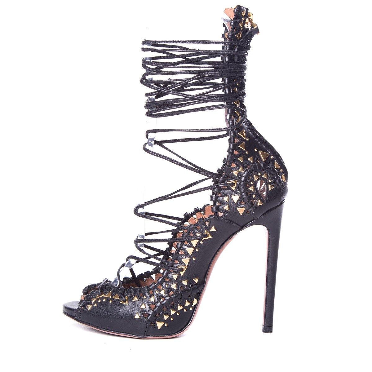 AlaÃƒÆ’Ã‚Â¯a Black Leather & Gold Studded Peep-Toe Lace Up Heels SZ 37