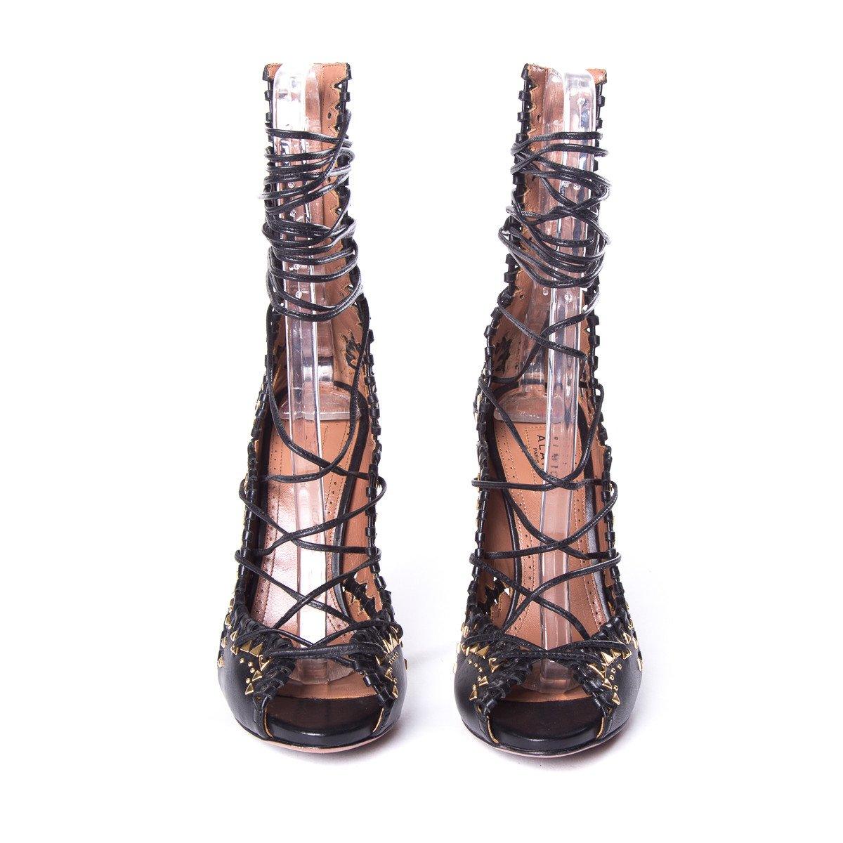 AlaÃƒÆ’Ã‚Â¯a Black Leather & Gold Studded Peep-Toe Lace Up Heels SZ 37