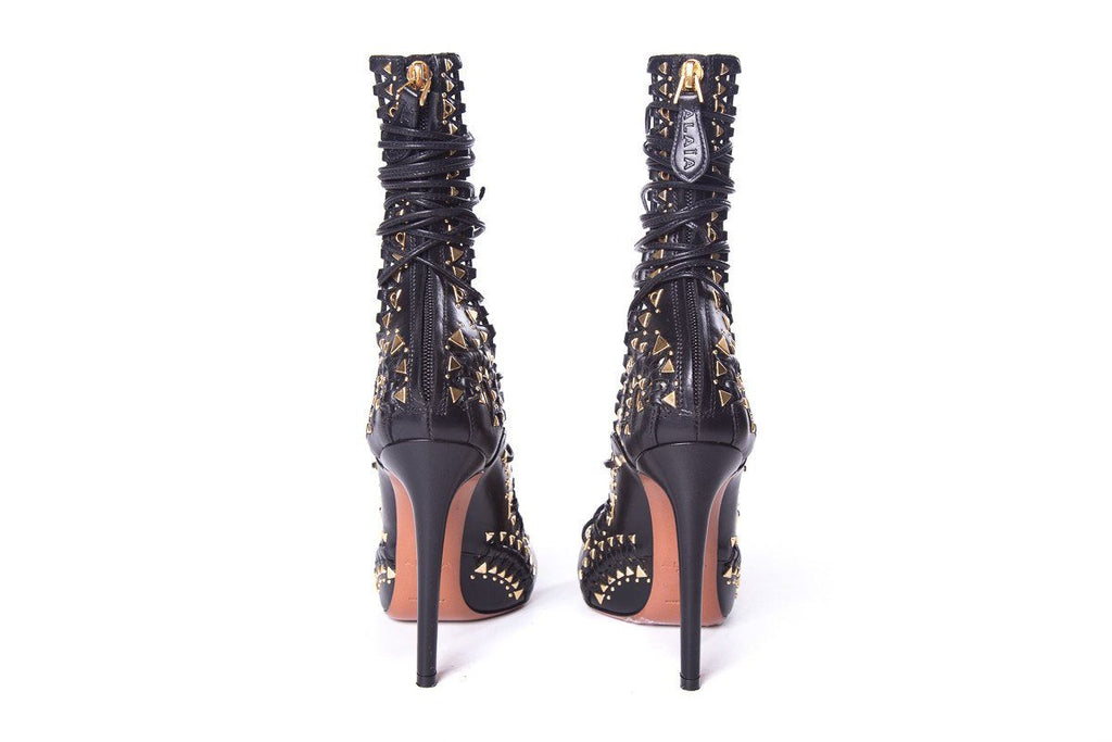 AlaÃƒÆ’Ã‚Â¯a Black Leather & Gold Studded Peep-Toe Lace Up Heels SZ 37